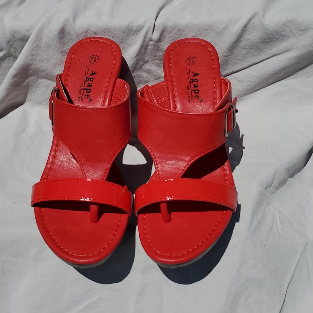 Red Leather/Patent Mix Wedge Thong Sandals